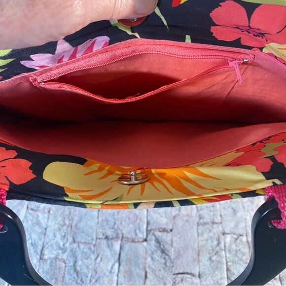 Floral Wheat Straw Tote Bag Dual Handle Snap Closure Brightly Colored Handbag - Picture 3 of 7